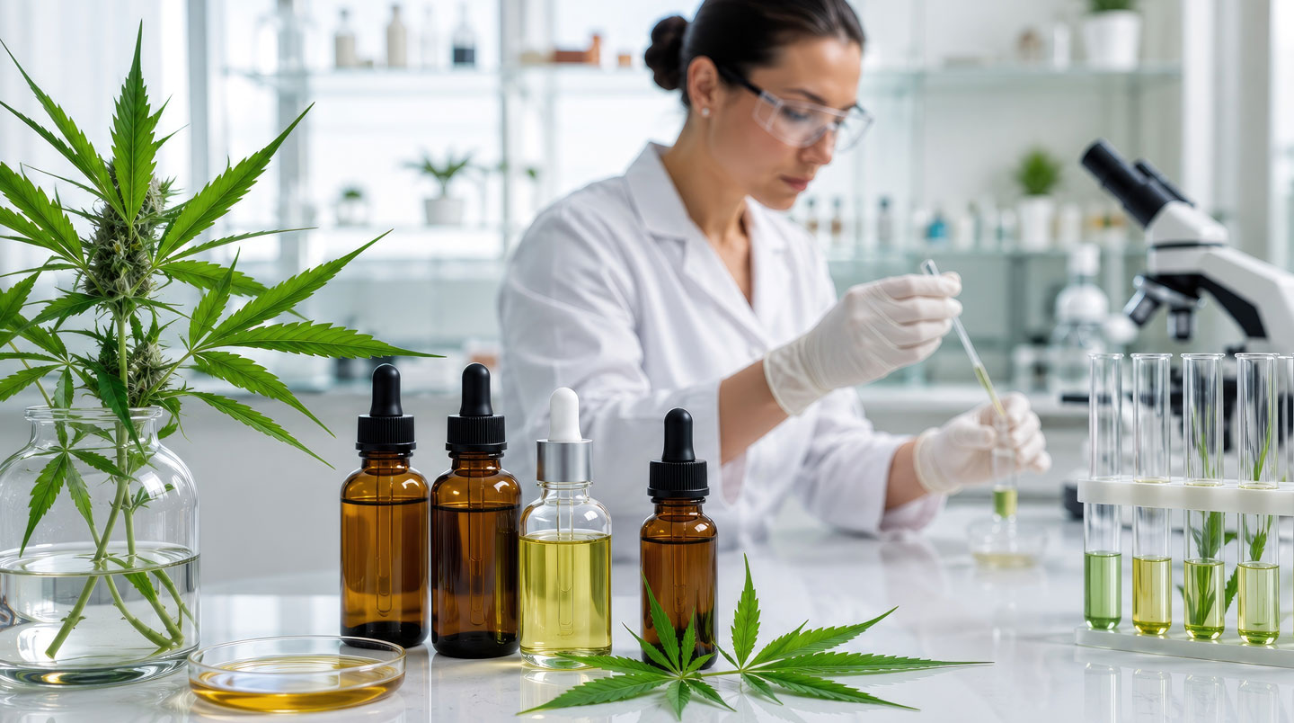 Personne mature examinant attentivement l'étiquette d'un flacon d'huile CBD avec un certificat d'analyse posé sur une table dans un environnement domestique épuré
