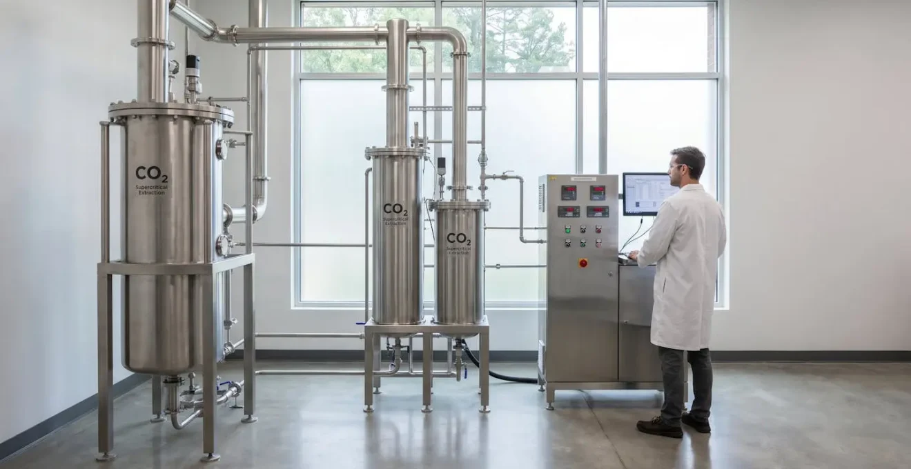 Laboratoire moderne d'extraction CBD avec équipements CO₂ supercritique en acier inoxydable et technicien en blouse blanche supervisisant le processus dans un environnement high-tech aseptisé