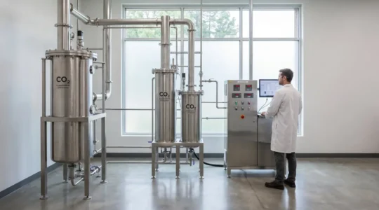 Laboratoire moderne d'extraction CBD avec équipements CO₂ supercritique en acier inoxydable et technicien en blouse blanche supervisisant le processus dans un environnement high-tech aseptisé