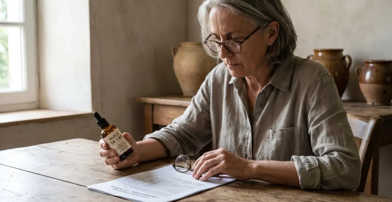 Personne mature examinant attentivement l'étiquette d'un flacon d'huile CBD avec un certificat d'analyse posé sur une table dans un environnement domestique épuré