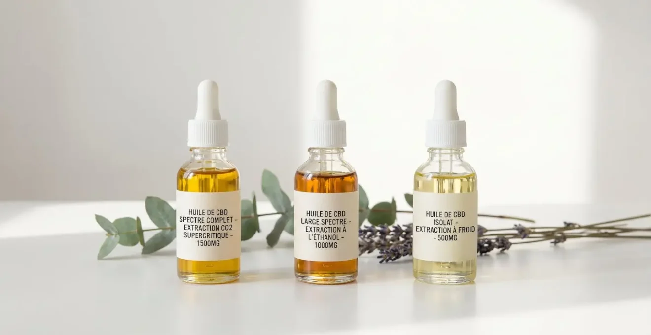 Trois flacons de verre transparent contenant des huiles CBD aux couleurs légèrement différentes selon la méthode d'extraction, alignés sur surface blanche avec étiquettes en français