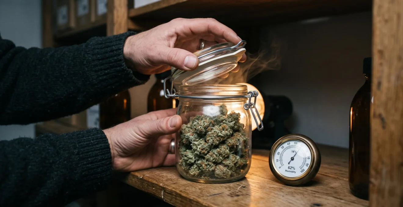 Des mains ouvrent un bocal en verre de curing rempli de fleurs de CBD.