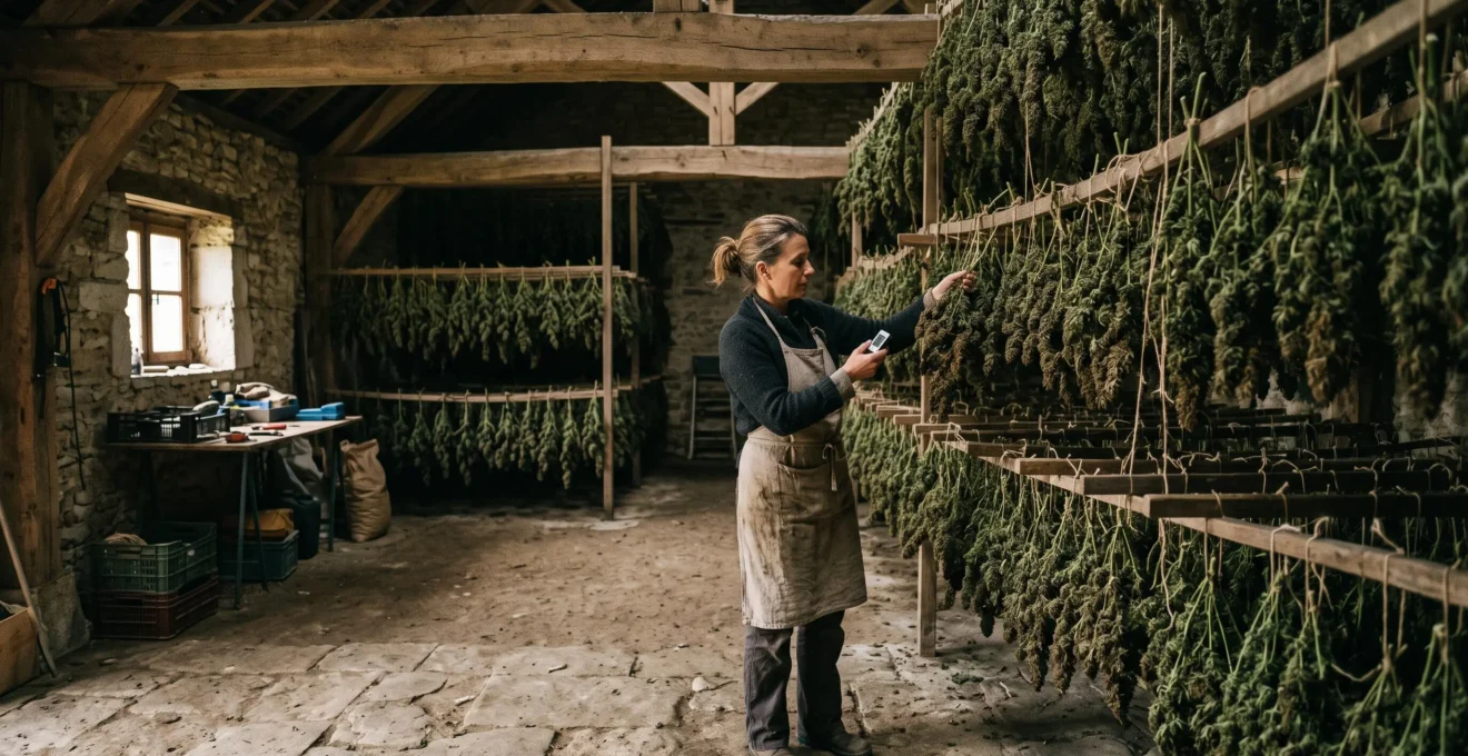 Des fleurs de CBD suspendues à des racks en bois dans un atelier de séchage.