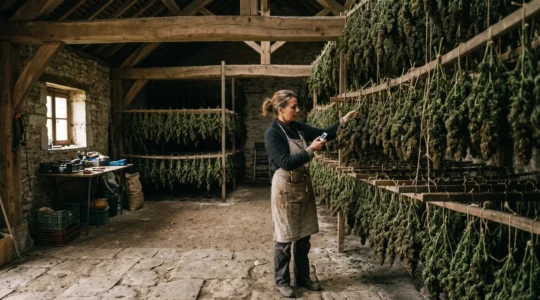 Des fleurs de CBD suspendues à des racks en bois dans un atelier de séchage.